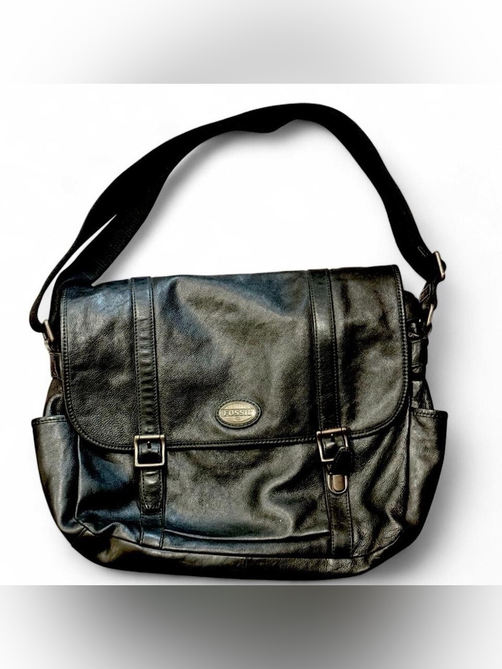 Vintage Fossil Black Leather Messenger Bag Double Buckle Flap